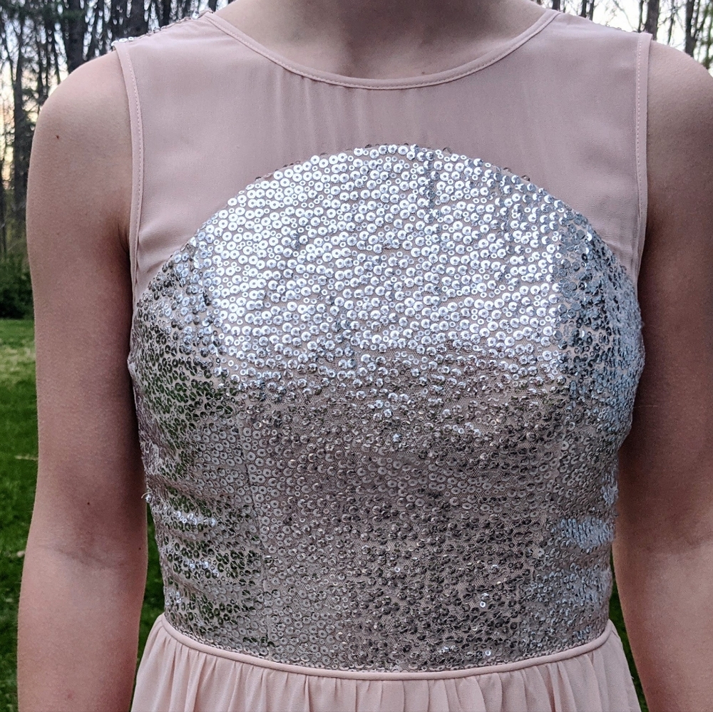 Mesh high neck pale pink dress with silver sequins